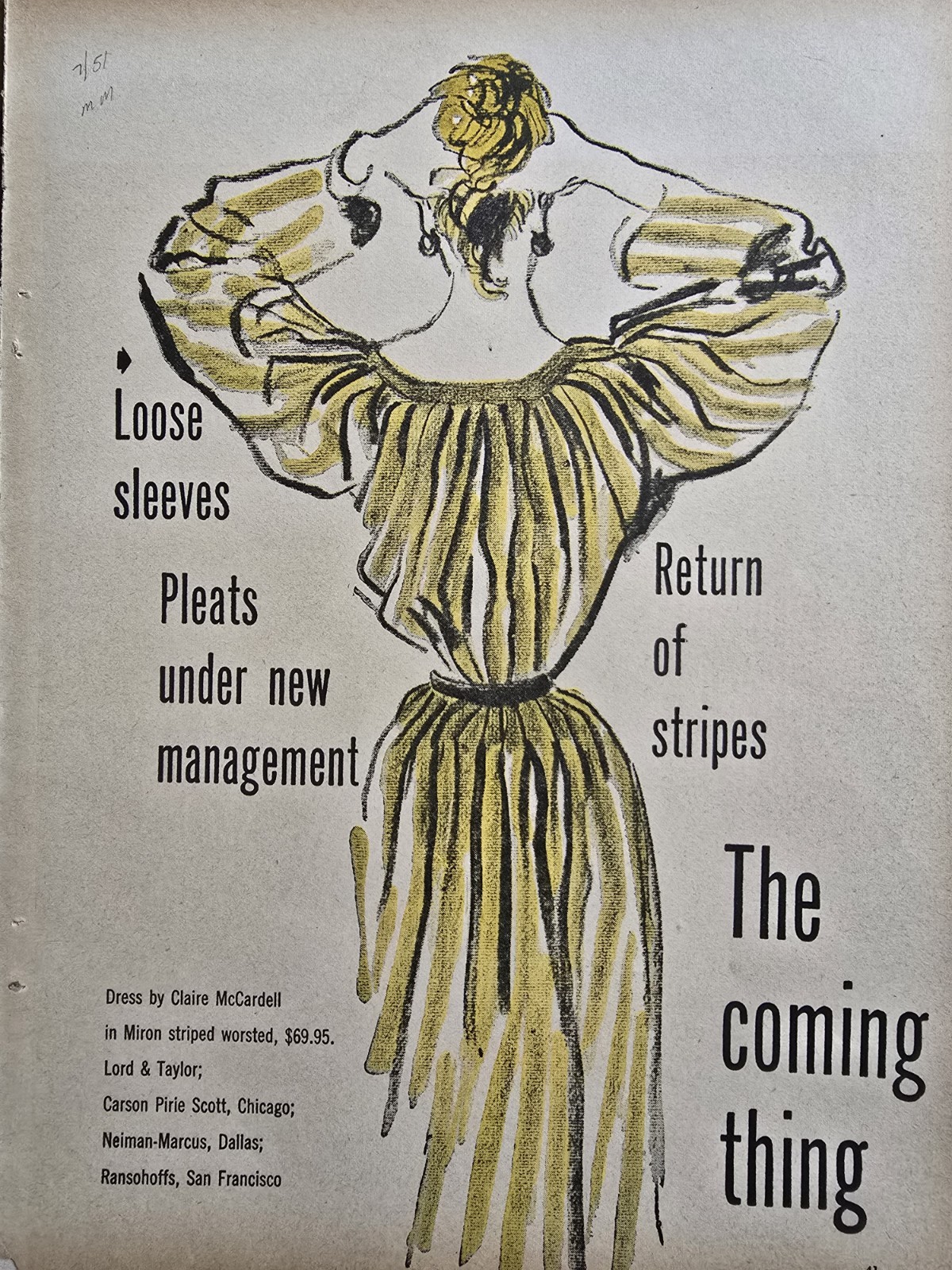 1951 Women's Miron Striped Worsted Dress Claire McCardell vintage Art Ad 