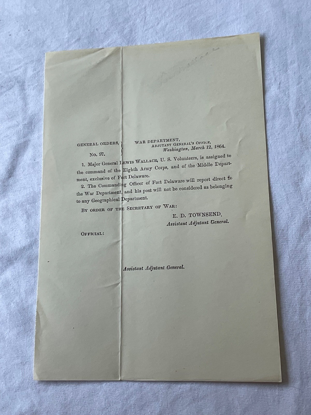 CIVIL WAR GENERAL LEW WALLACE COMMAND ORDER FORT DELAWARE 1864 BY SEC OF WAR CIVIL WAR GENERAL LEW WALLACE COMMAND ORDER FORT DELAWARE 1864 BY SEC OF WAR