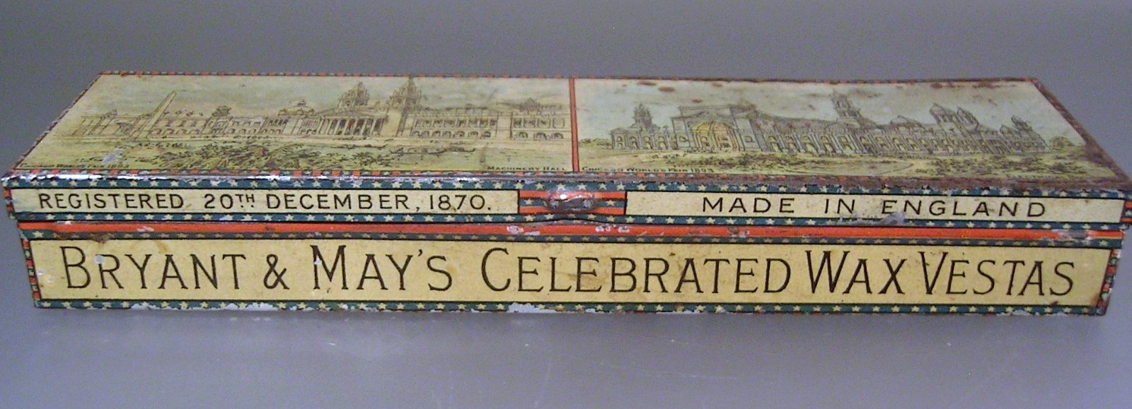 1893 Chicago World's Fair Tin Litho Wax Vesta Match Holder Bryant & Mays