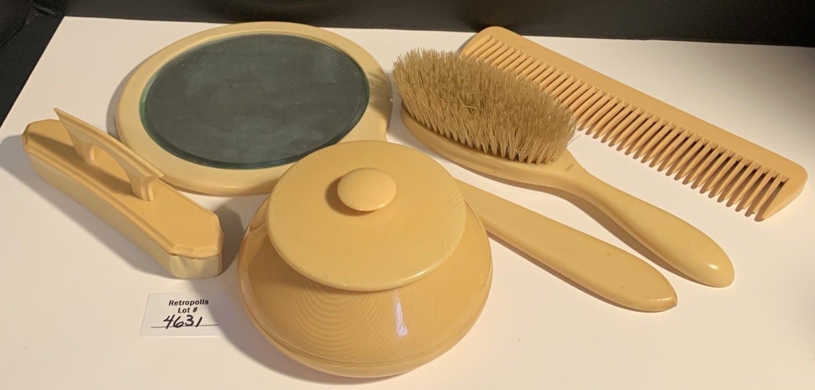 Bakelite Ivory Pyralin Imperial Vanity Set Mirror Powder Box Comb Brush Lint