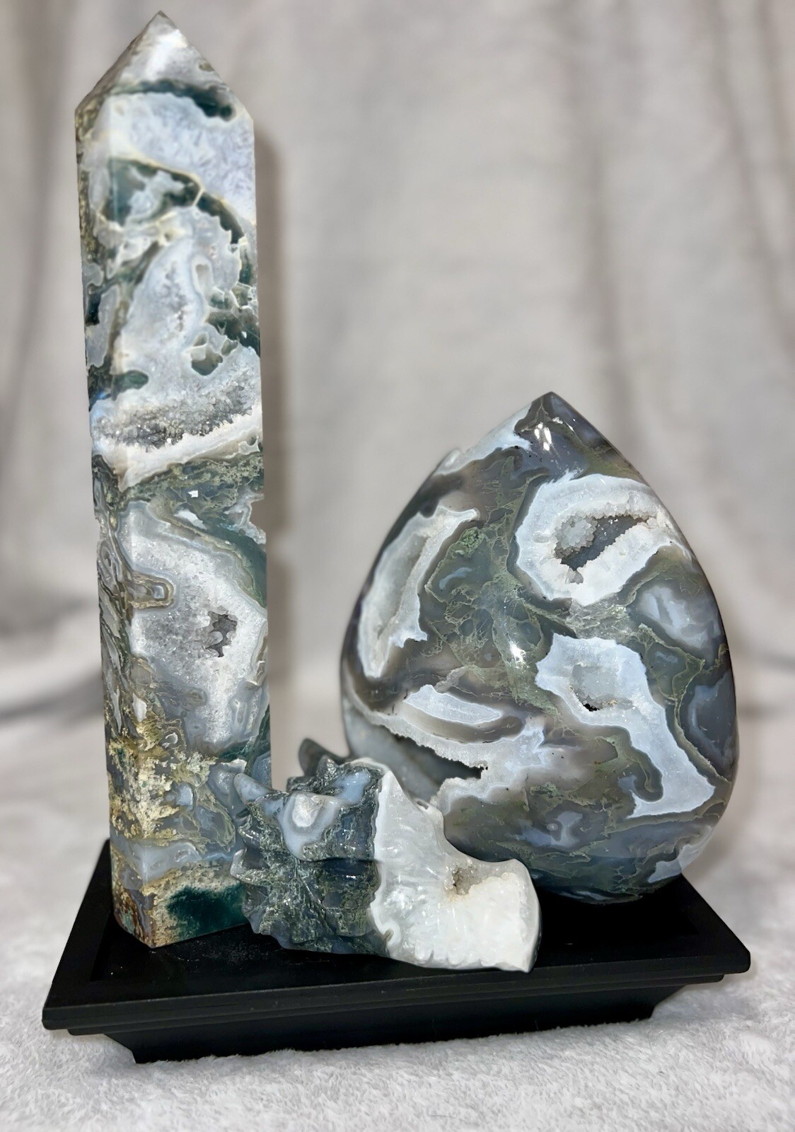 Stunning XL Druzy Moss Agate Freeform & Tower Bundle with Druzy Dragon Head