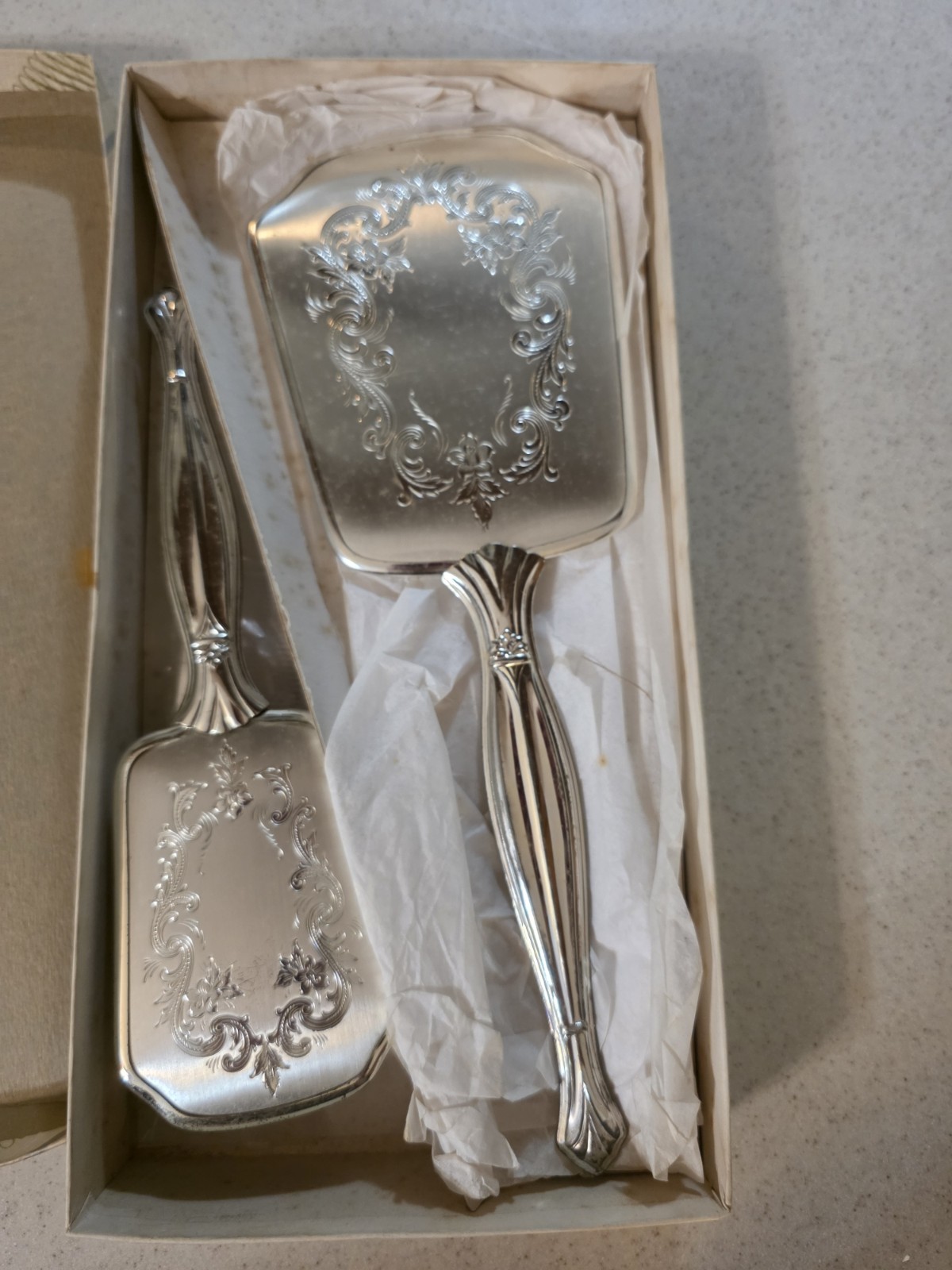 Vintage Ornate Silver-Tone Vanity Set Mirror, Brush & Comb in Original Box