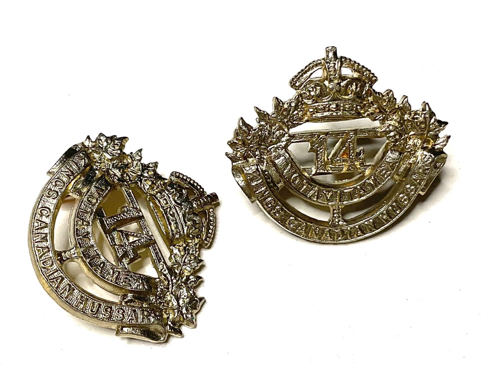Pair WWI Pre-WWII 14th King's Canadian Hussars Collar Badges Scully Montreal KCH