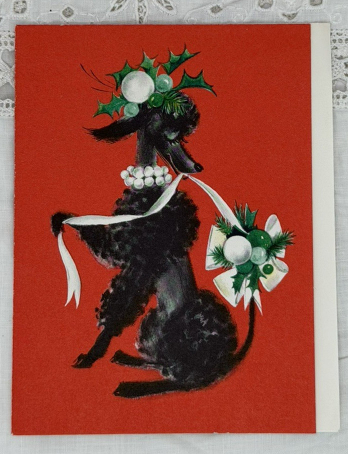 Vintage Christmas Poodle Card Fancy Dressed Up Puppy Dog Hallmark Unused MCM
