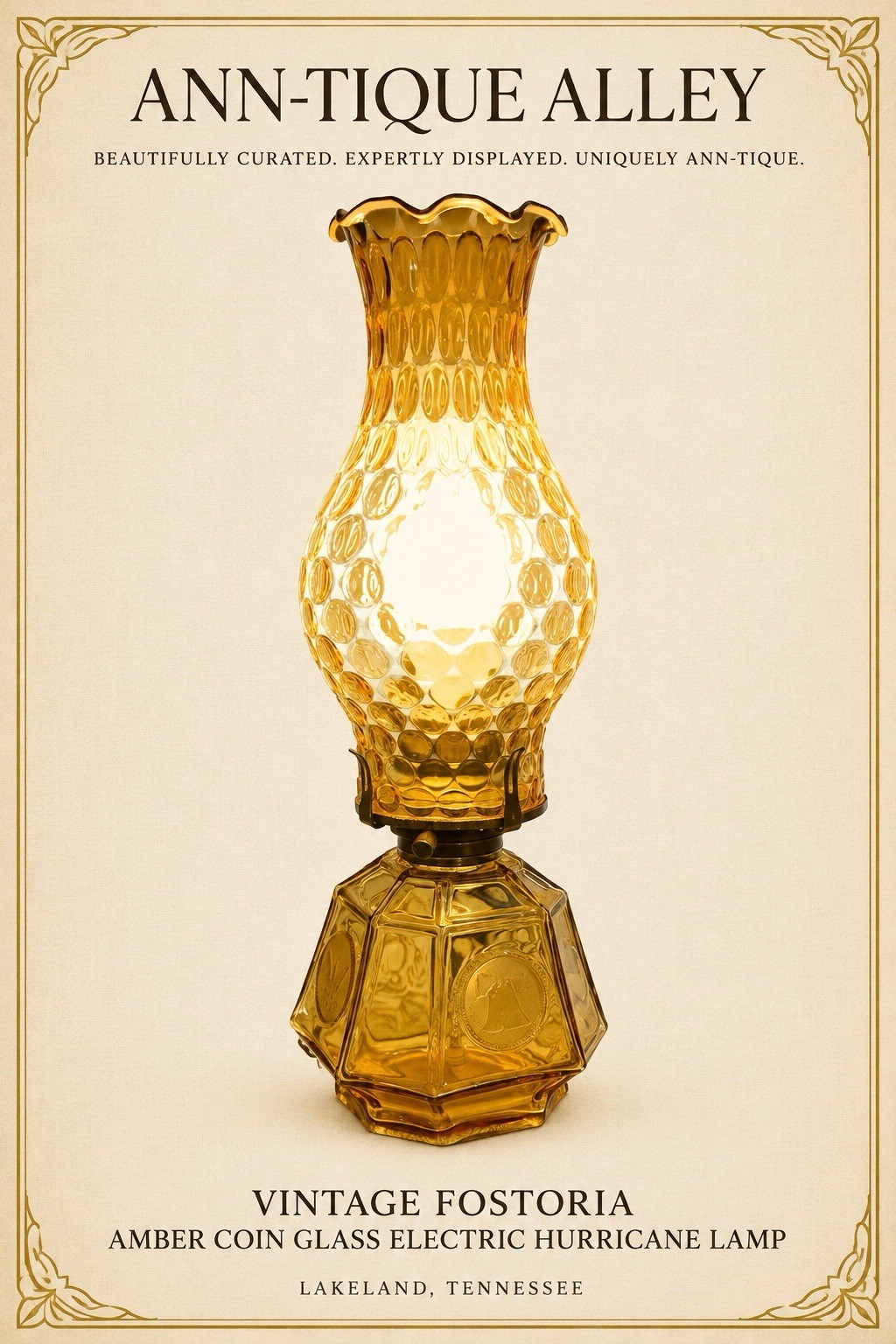 WORKING VTG  Fostoria Amber Coin Glass Electric Hurricane Courting Lamp
