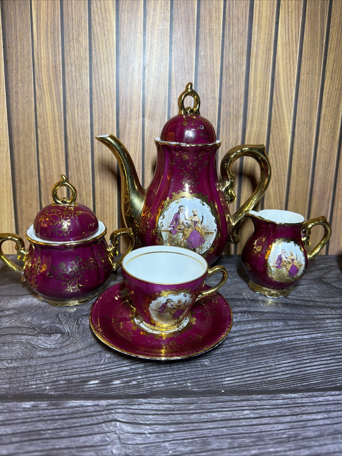 Vintage KPM Japan Fragonard Courting Couple Tea Set Maroon Gold 15pc - EXCELLENT