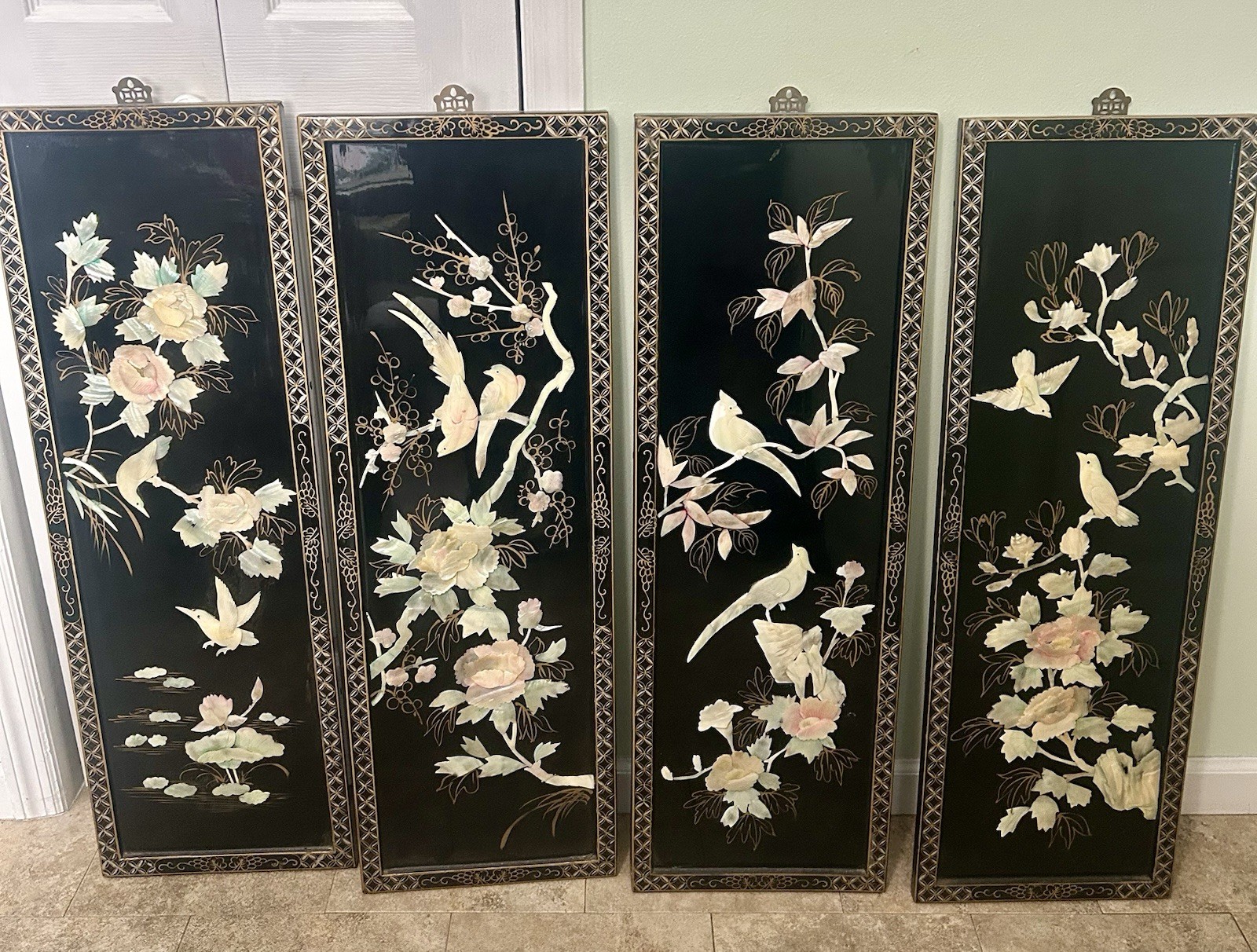 Four Gorgeous Vintage Laquered Asian Bird & Floral Motif With Mother of Pearl 