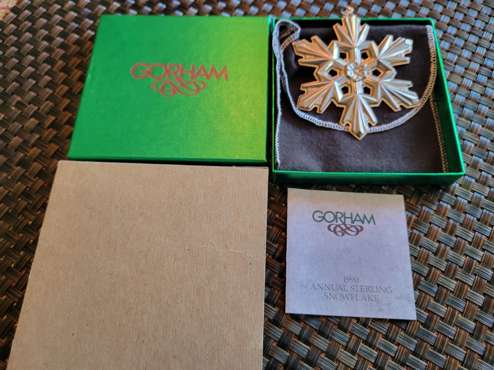 1990 Gorham Sterling Snowflake 51st  Ornament Original Box Pouch card and sleave