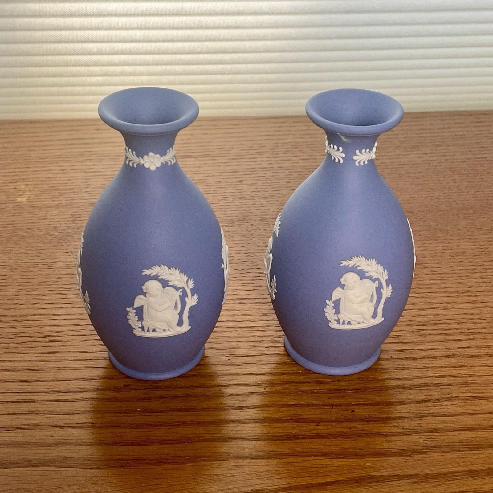 Vintage 1950s Wedgwood Jasperware Blue Bud Vases Pair Greeks/Romans Dancing