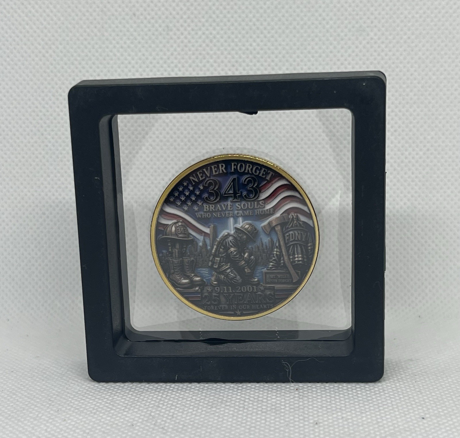 Sept 11th 25th Anniversary Memorial Challenge Coin In a 3D Floating Display Sept 11th 25th Anniversary Memorial Challenge Coin In a 3D Floating Display