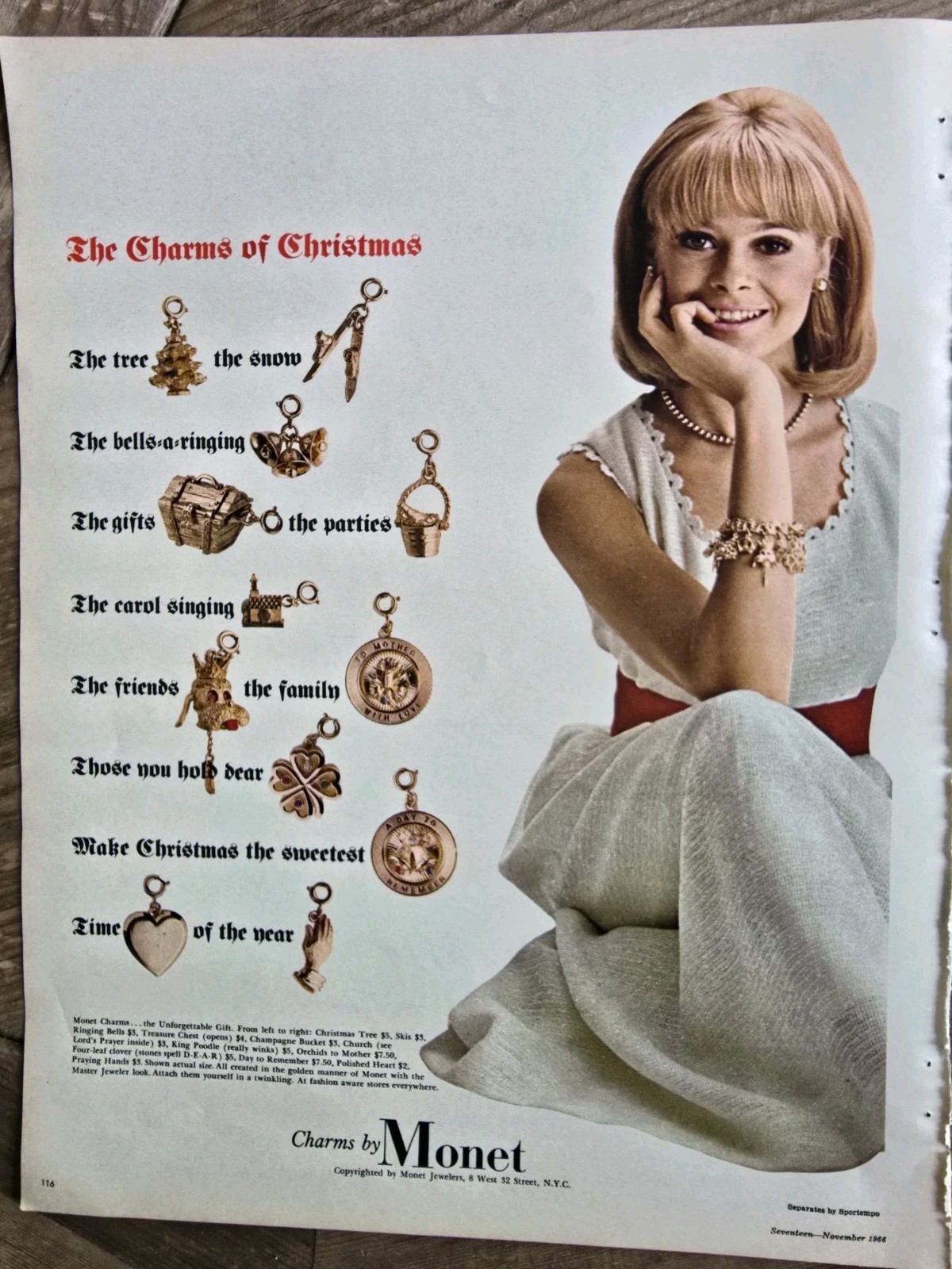 1966 Monet Gold Bracelet Charms for Christmas Vintage Ad