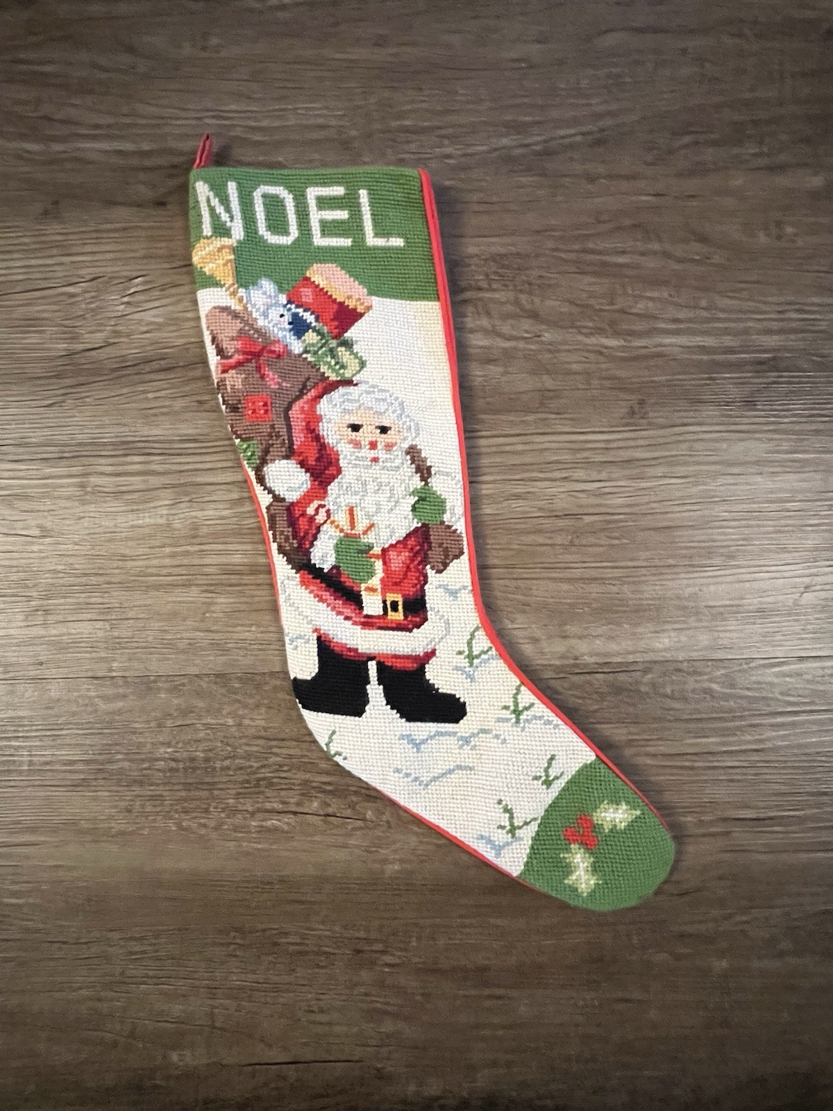 Vintage Needlepoint Christmas Stocking, Santa & Toy Sack, Wool Tapestry Vintage Needlepoint Christmas Stocking, Santa & Toy Sack, Wool Tapestry