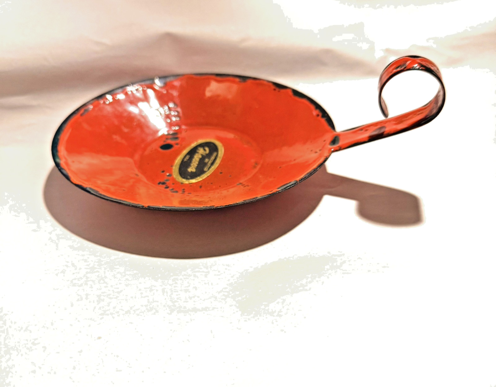 Vtg HANOVA Modern Brutalist MCM Candle Holder Orange Enamel Over Steel 6\