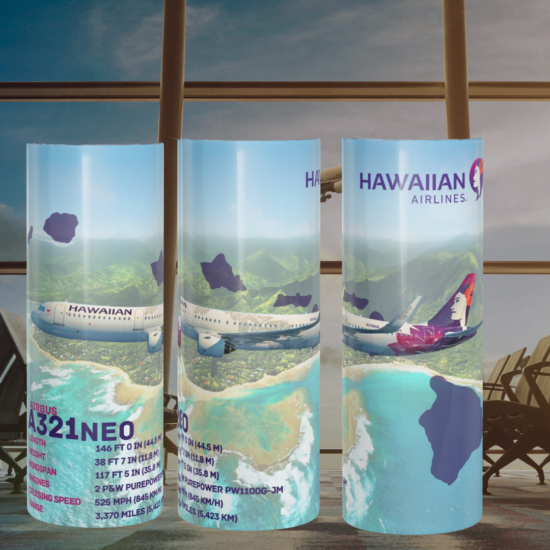 Hawaiian Airlines Airbus A321 NEO Tumbler 20oz Black Lid Pilot Trading Card