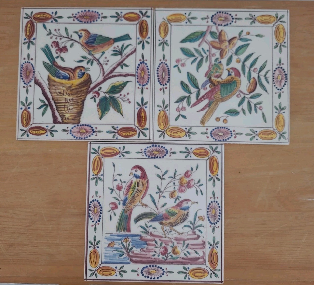 Set 3 Outeiro Agueda Tile Hand Painted 6” Ceramic Bird Floral Trivet Portugal 