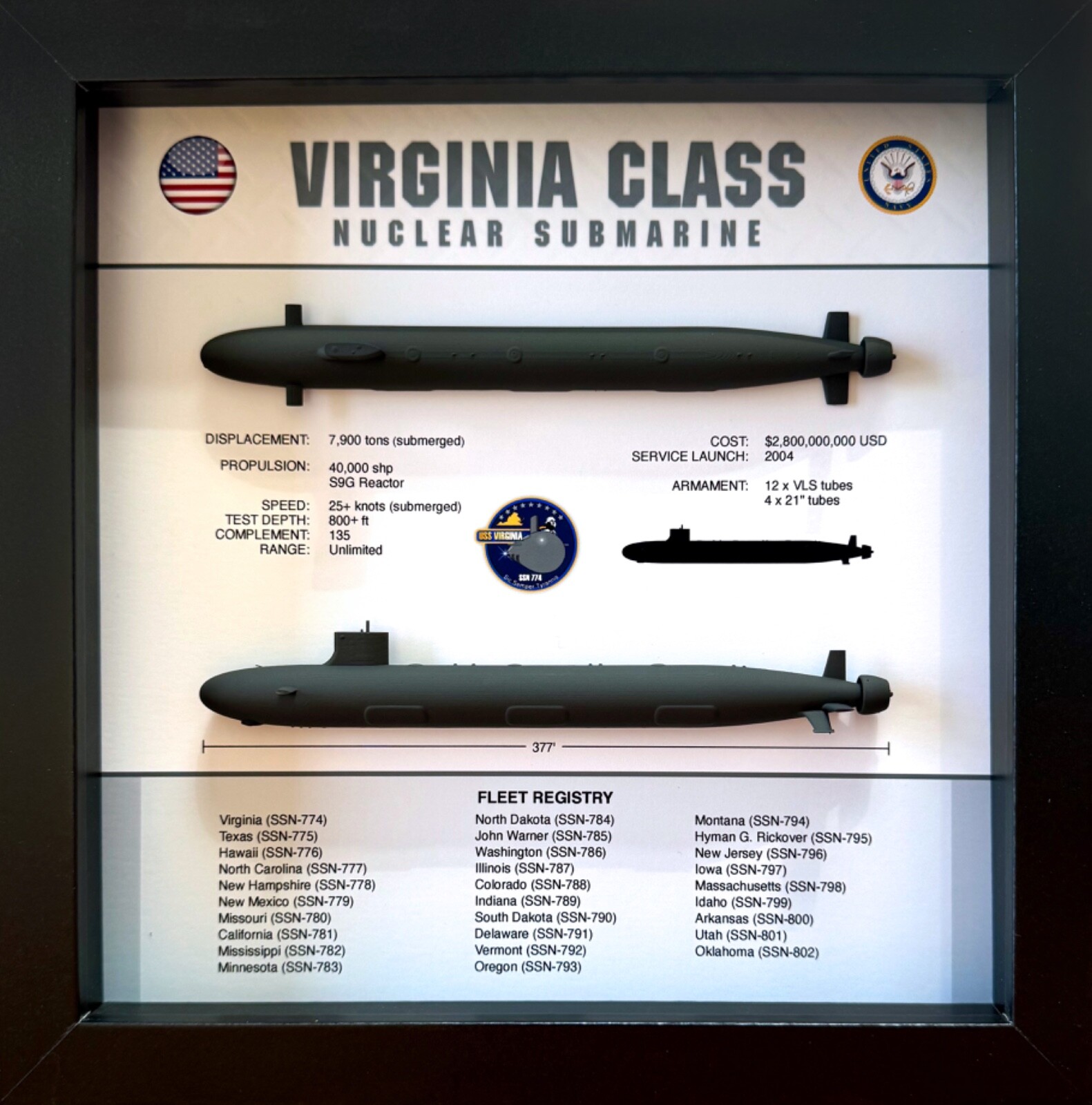 Virginia Class Submarine Shadow Display Box, SSN-774, 9 Virginia Class Submarine Shadow Display Box, SSN-774, 9