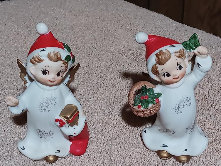 (2) Vintage Lefton Christmas Angel Boys Santa Hat Stocking & Holly Berry Basket