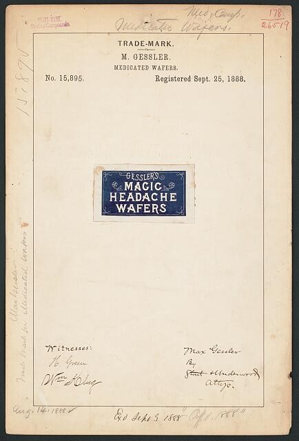 M Gessler 1888 Trademark Registration Magic Headache Wafers Medicated Wafers