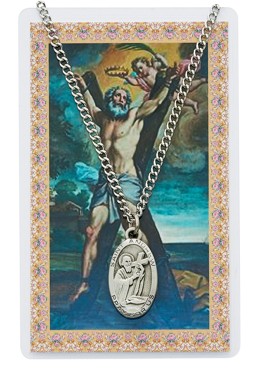 St. Andrew Patron Saint of Fishermen Medal Necklace and Laminated Prayer Card