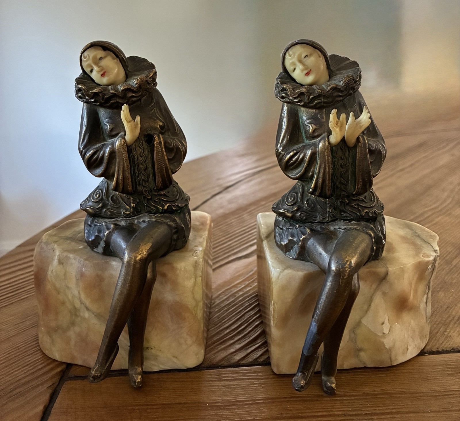 1920s Art Deco JB HIRSCH Pierrot Harlequin Lady BOOKENDS Marble Base Antique 1920s Art Deco JB HIRSCH Pierrot Harlequin Lady BOOKENDS Marble Base Antique