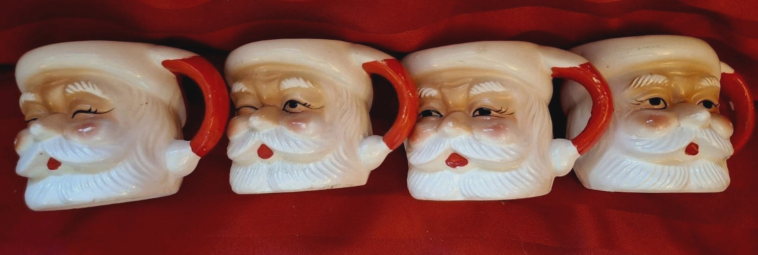 Set of 4 Santa face Mugs, 1950's, Sleeping, Winking, Almost Awake, Awake, Japan Set of 4 Santa face Mugs, 1950's, Sleeping, Winking, Almost Awake, Awake, Japan