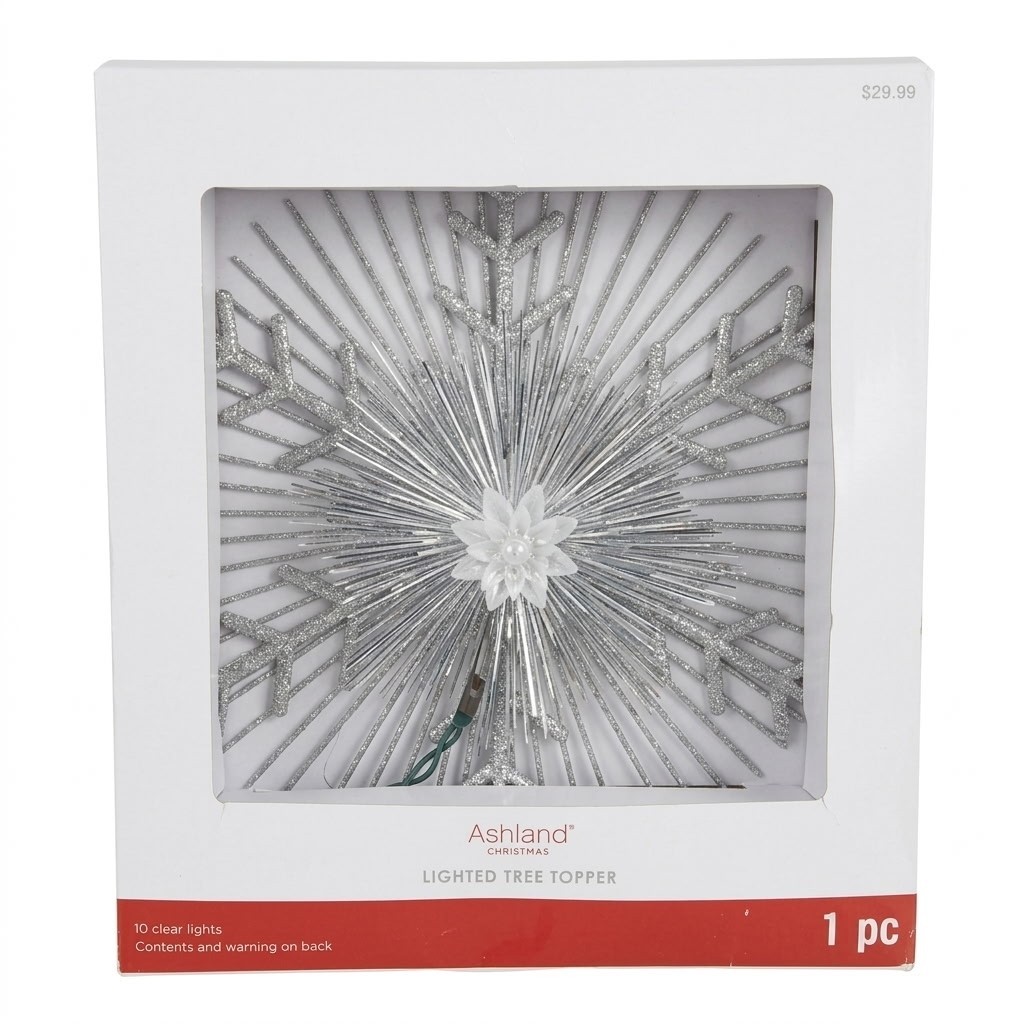 ASHLAND Christmas 10 Light Silver Snowflake Tree Topper Tinsel & Glitter 14.5 in ASHLAND Christmas 10 Light Silver Snowflake Tree Topper Tinsel & Glitter 14.5 in