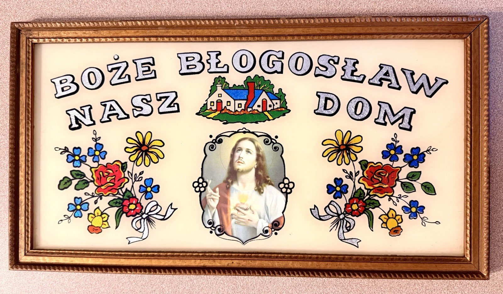 VTG Polish Boze Blogoslaw Nasz Dom Reverse Glass Foil Picture Jesus Frame⁠