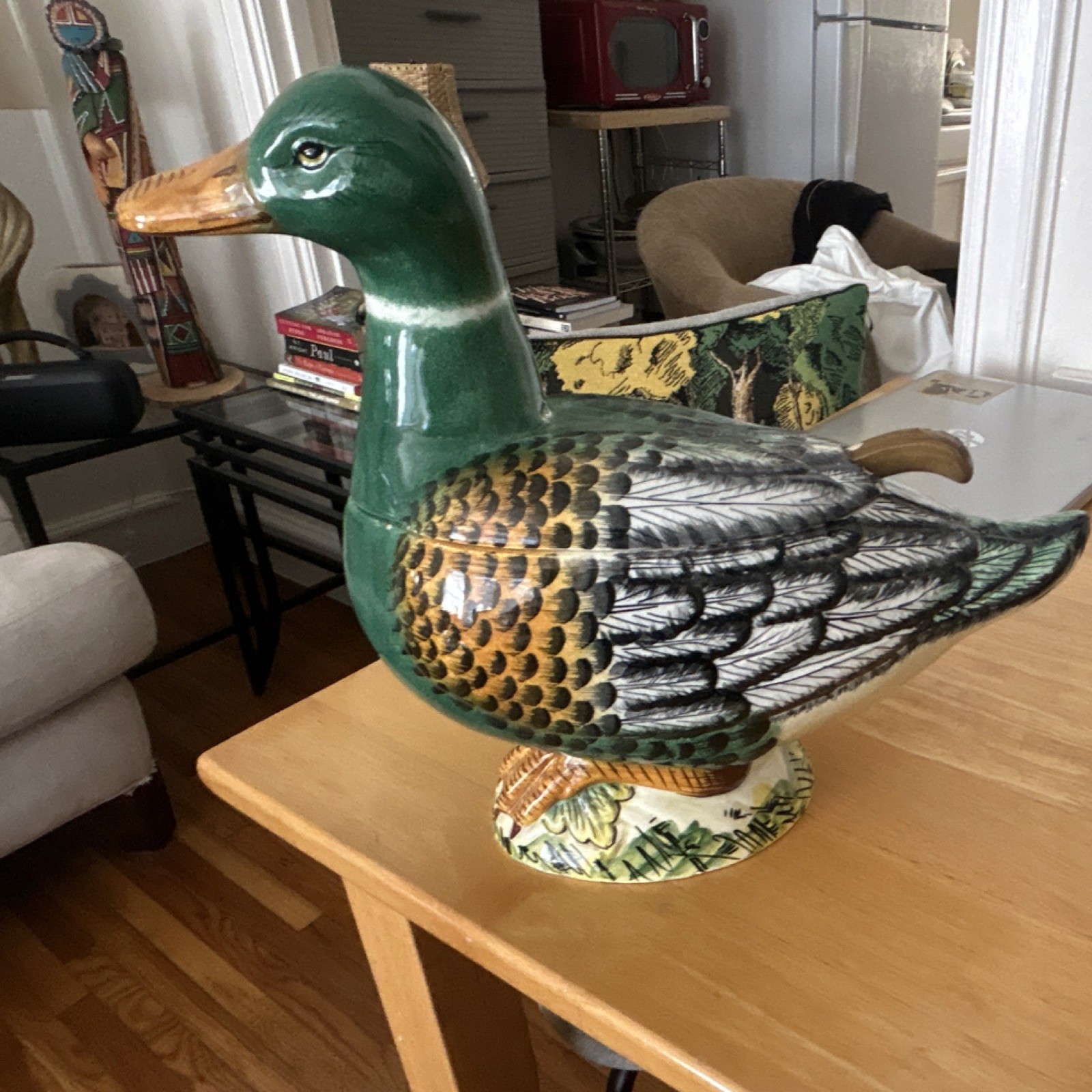 Vintage-Painted Ceramic Duck soup tureen w/ Spoon, signed by artist, Italian Vintage-Painted Ceramic Duck soup tureen w/ Spoon, signed by artist, Italian