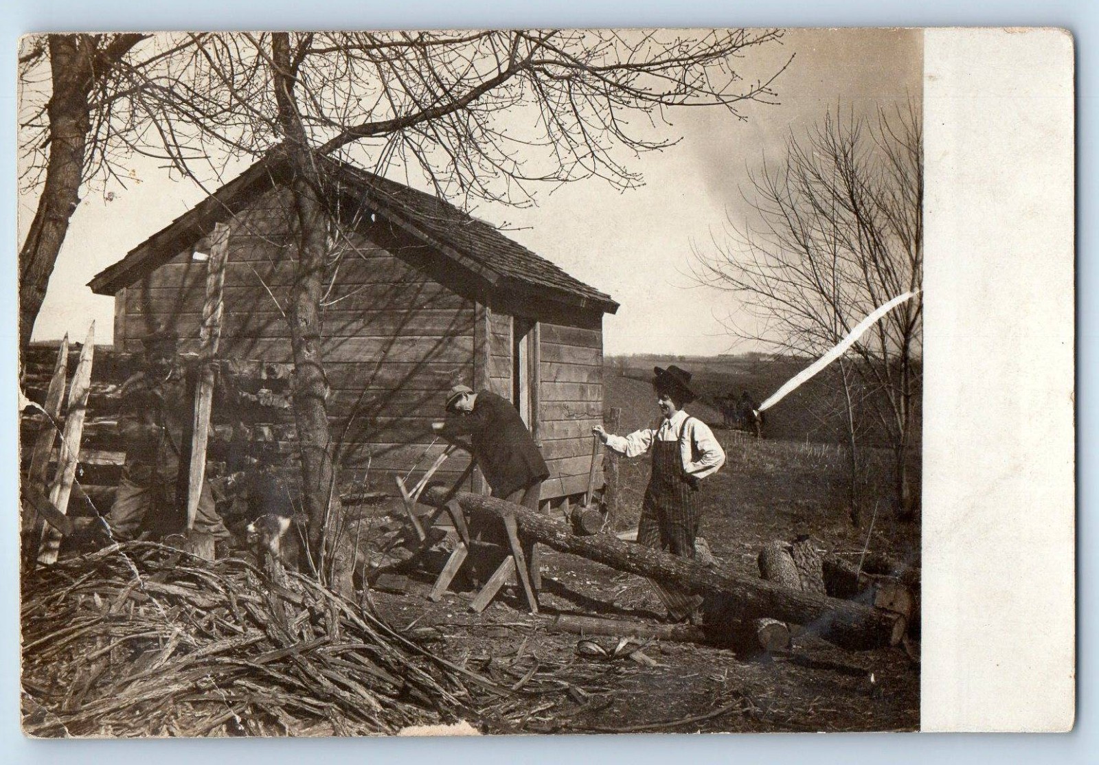 c1910's Men With Saw Cutting Lumber Cabin RPPC Photo Unposted Antique Postcard c1910's Men With Saw Cutting Lumber Cabin RPPC Photo Unposted Antique Postcard