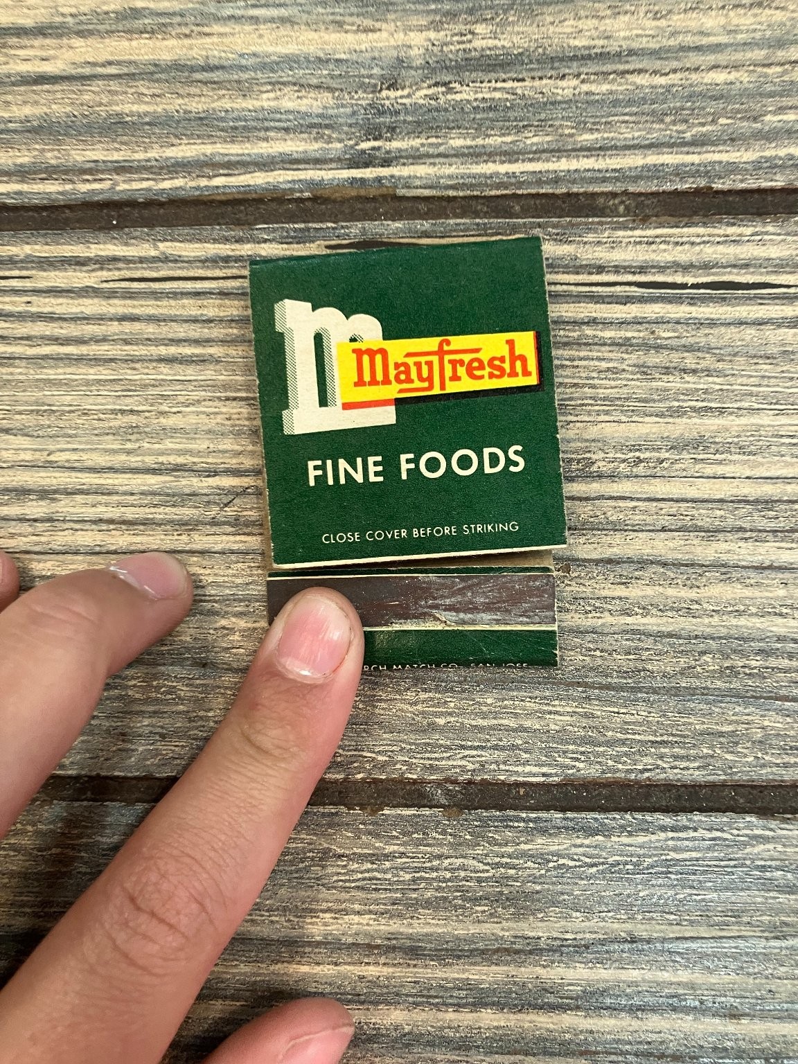 Mayfresh San Jose Vintage Mid-Century Green Yellow Logo Fine Foods Matchbook