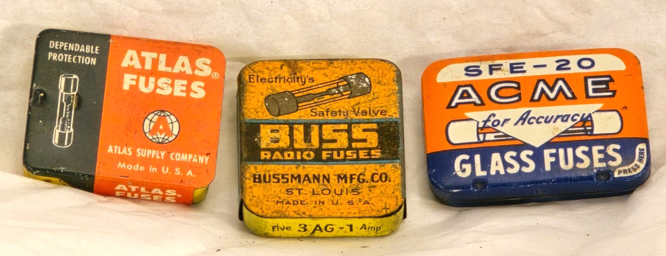 Vtg Metal Acme Atlas Buss Auto Glass Fuse Tin Nice Graphics