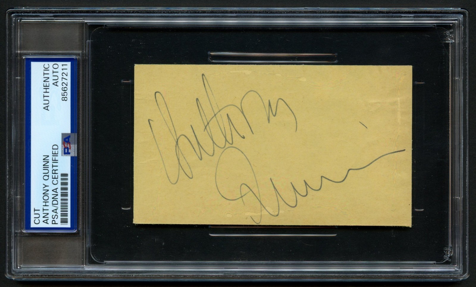 Anthony Quinn d2001 signed autograph 2.5x4.5 cut Actor Writer PSA Slabbed Anthony Quinn d2001 signed autograph 2.5x4.5 cut Actor Writer PSA Slabbed