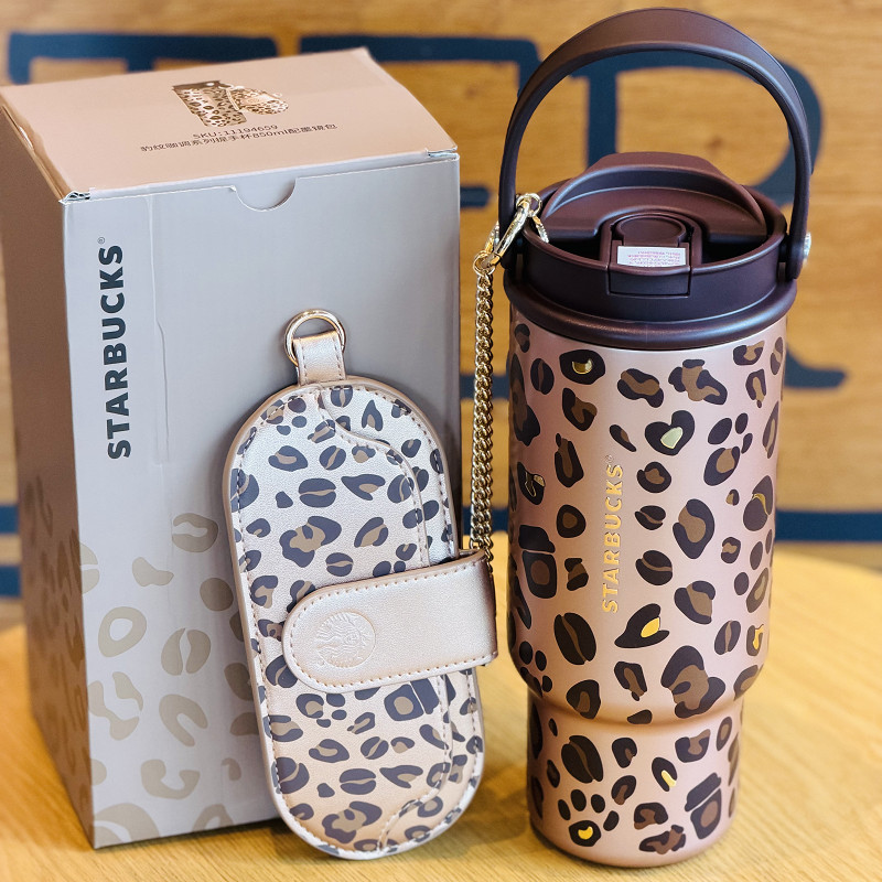 Starbucks 2026 China Retro Leopard Print 29oz SS Handle Tumbler + Sunglass Pouch