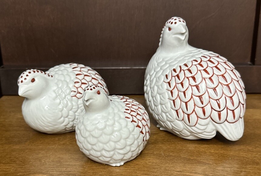 Kutani Ceramic Quail Bird Figurine White w/ Coral Trim  Lot of 3 -4”, 5”, 6” VTG