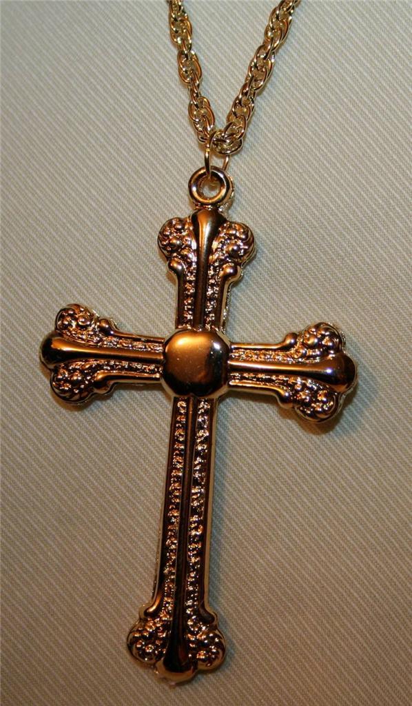 Handsome Shiny Centered Raised Metal Beaded Goldtone Cross Pendant Necklace Handsome Shiny Centered Raised Metal Beaded Goldtone Cross Pendant Necklace