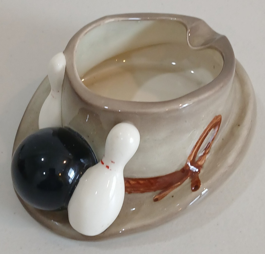 Lefton Ceramic One Slot Ashtray Hat With Bowling Ball And Pins  5.7