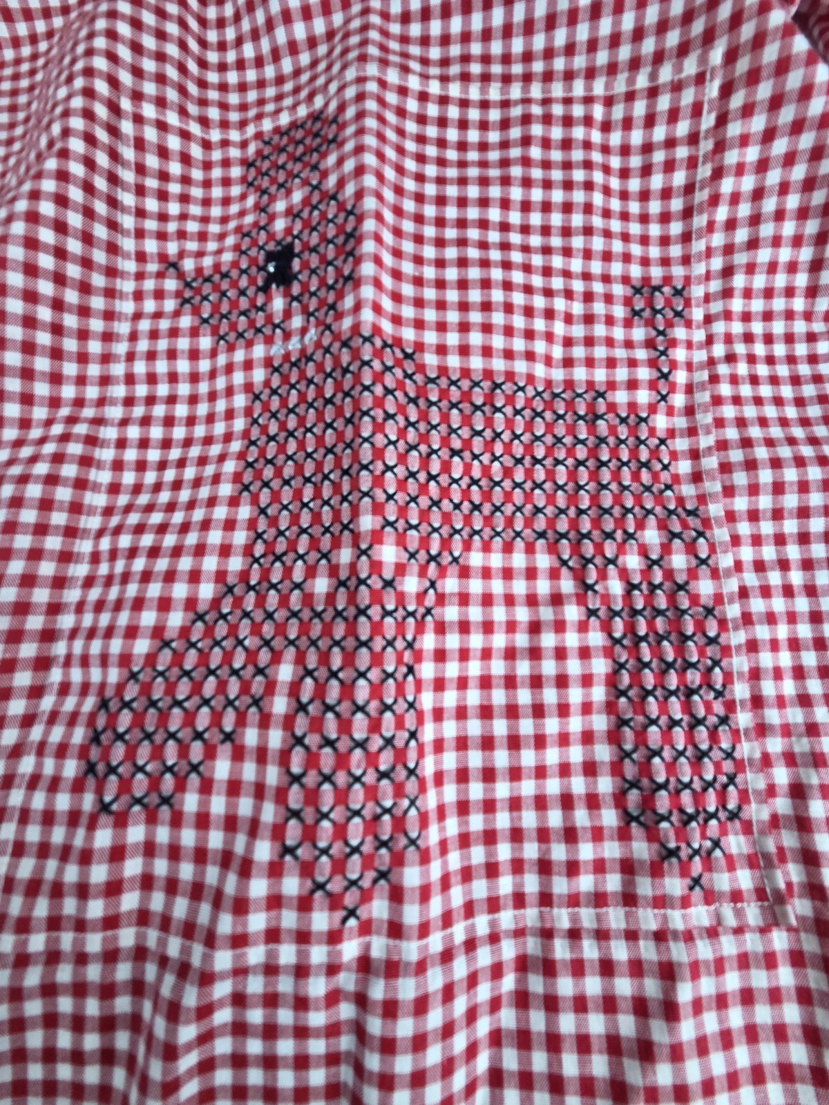 Vintage HALF APRON  Red Gingham  Cross Stitched Poodle Pocket  Pleated     