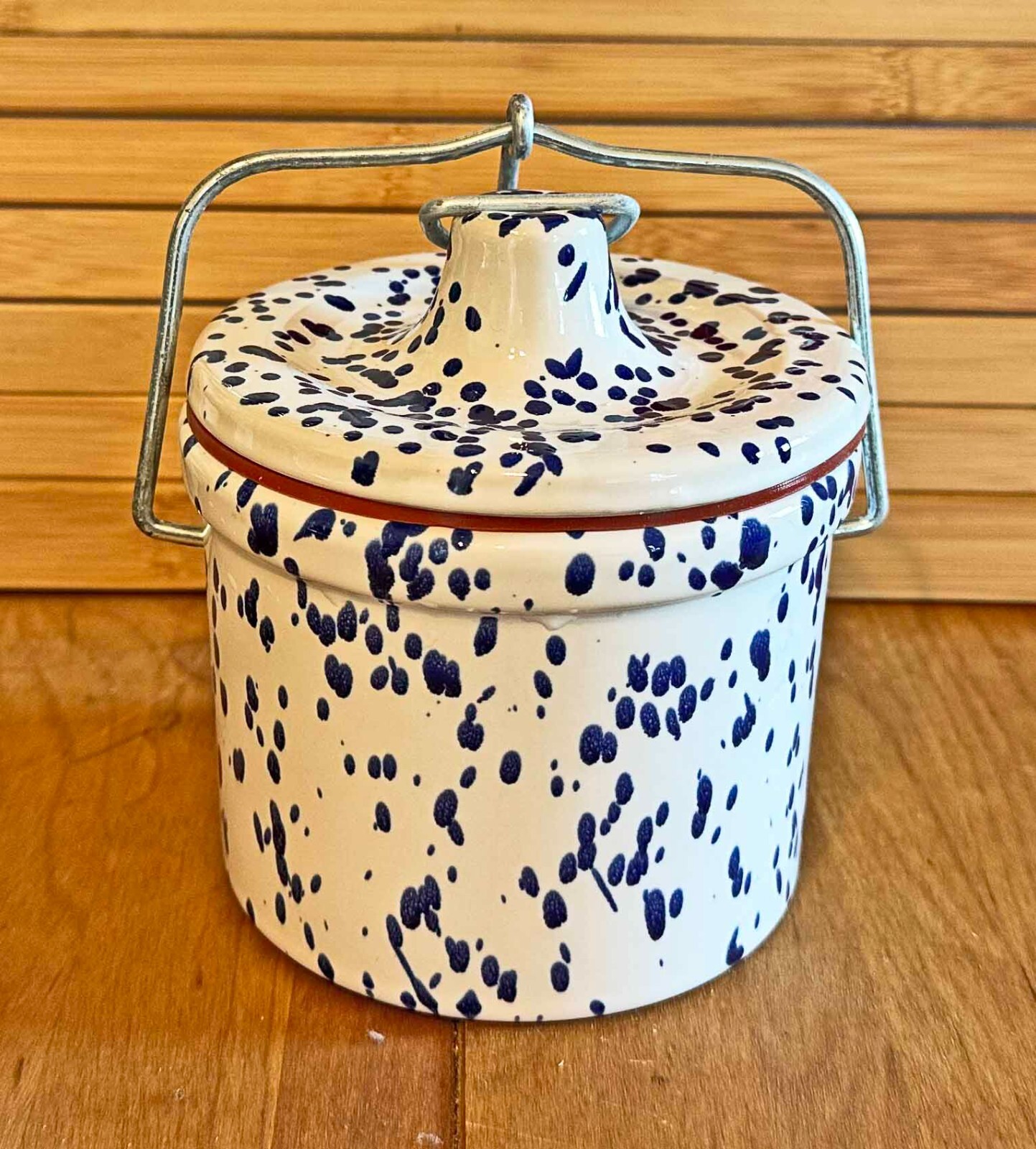 Blue Speckled Stoneware Butter Cheese Crock Bail Lid & Gasket 1 Pint 16 ozs.
