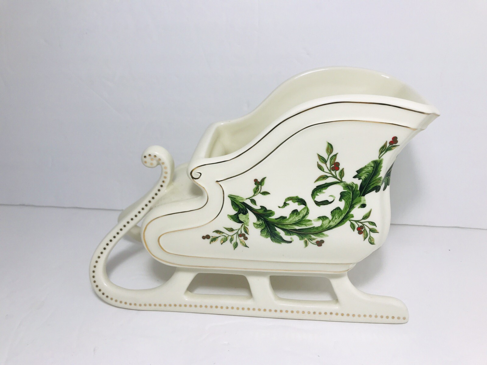 Santa Sleigh Xmas Candy Dish Green Holly Holiday White Porcelain FTD 9x6x3