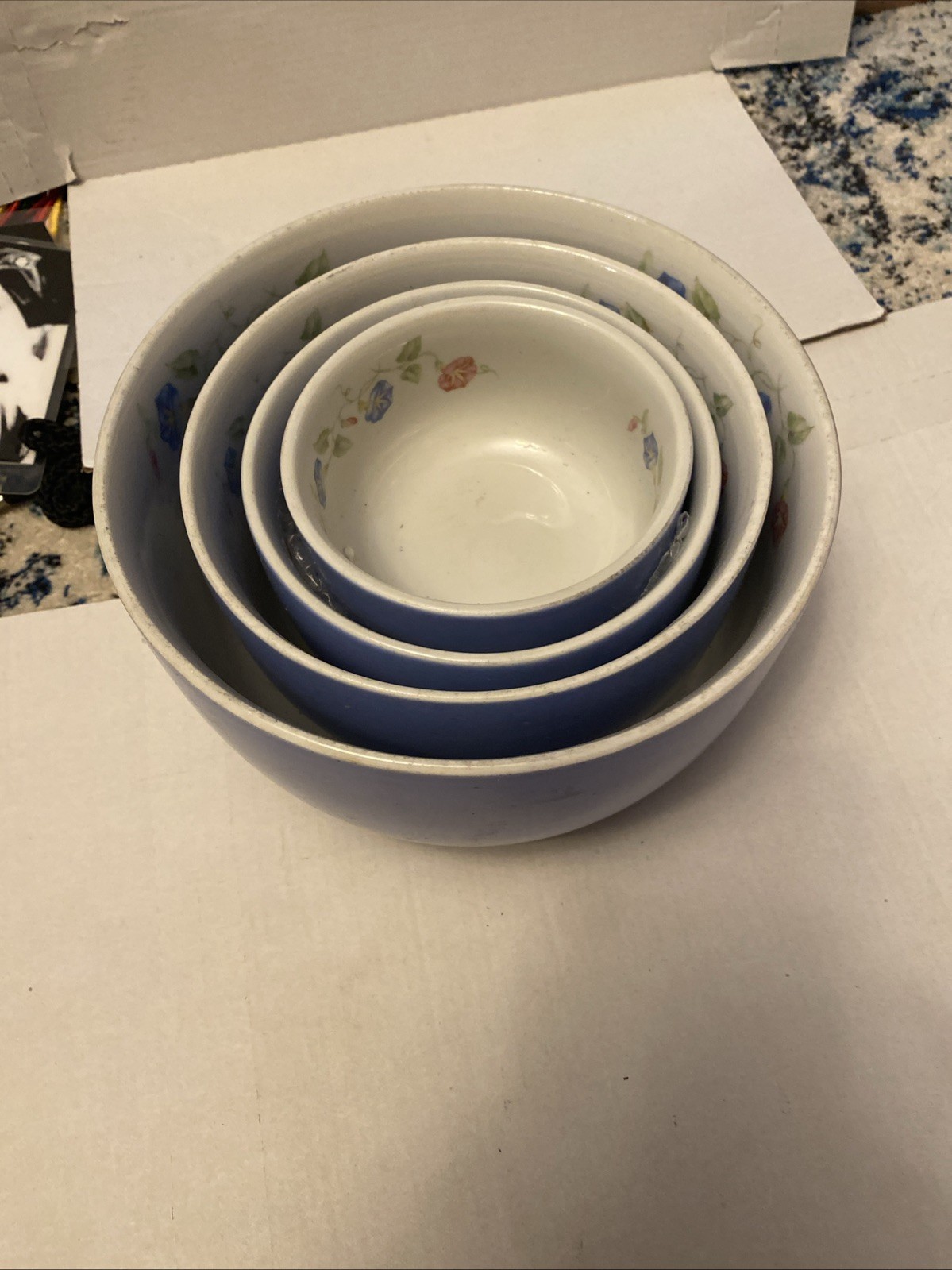 Vintage Halls Superior Quality Set 4 China Blue and White Floral Nesting Bowls