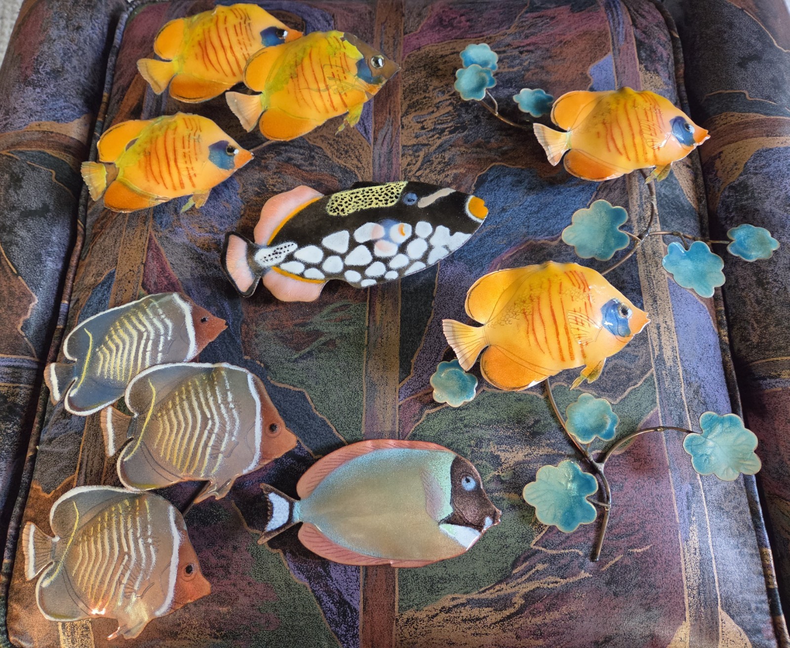 Vintage Bovano of Cheshire 10 Tropical Reef Fish Enamel on Copper Wall Sculpture