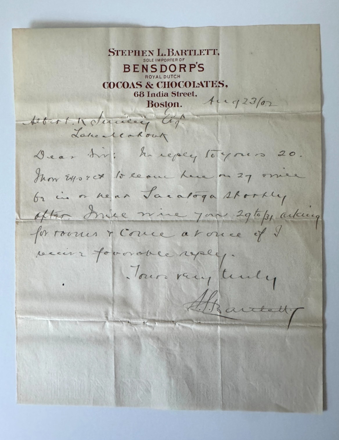Vtg 1902 Letterhead Boston MA Stephen L Bartlett India St Bensdorp\'s Chocolates