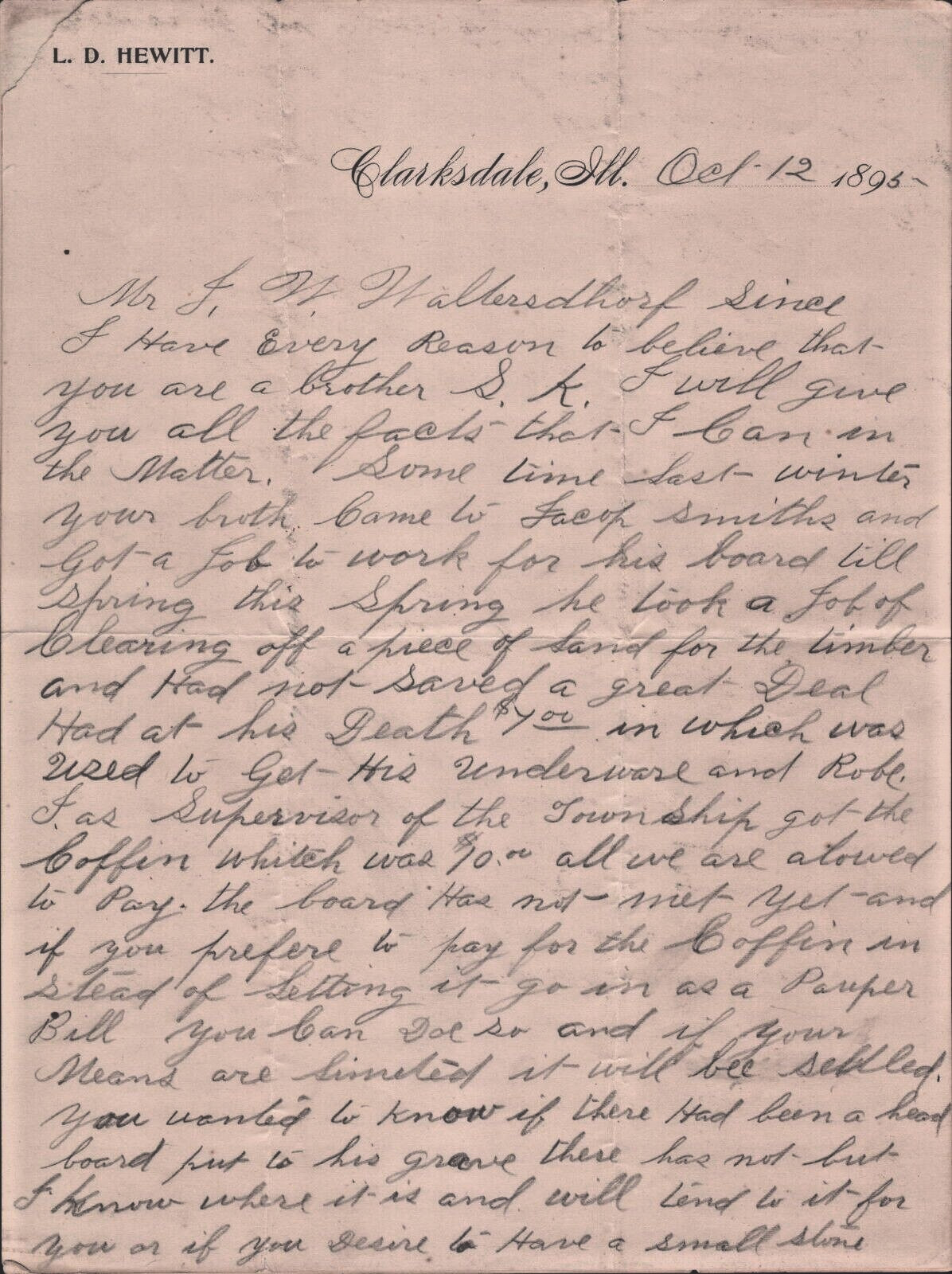 VNTG 1895 Letter Personal Hewitt Clarksdale Ill Handwritten Oct 1895 LETTERHEAD VNTG 1895 Letter Personal Hewitt Clarksdale Ill Handwritten Oct 1895 LETTERHEAD