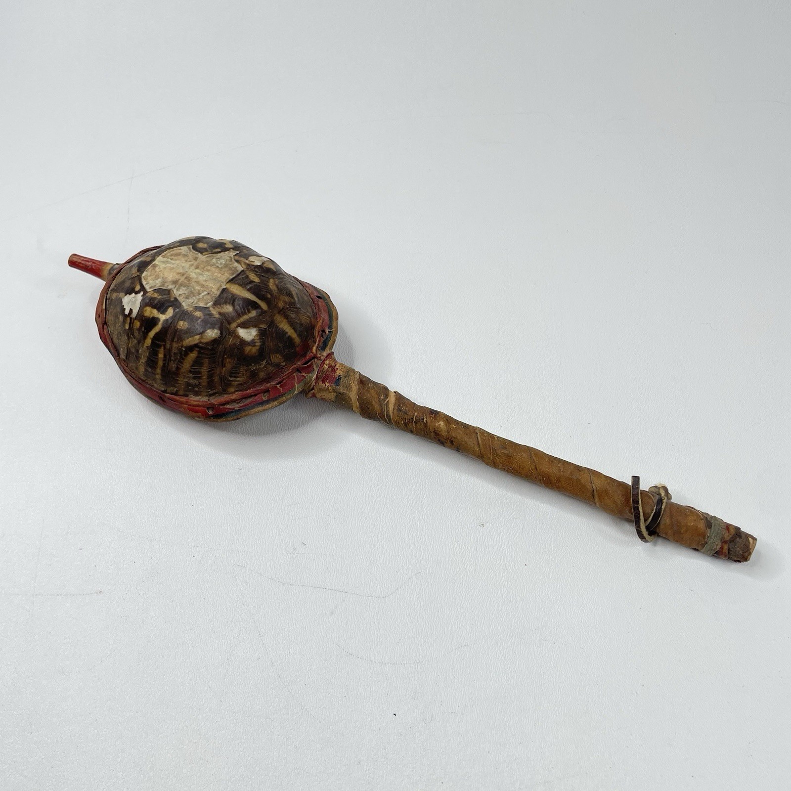 Authentic Vintage Native American Handcrafted Leather Turtle Rattle 14” ￼