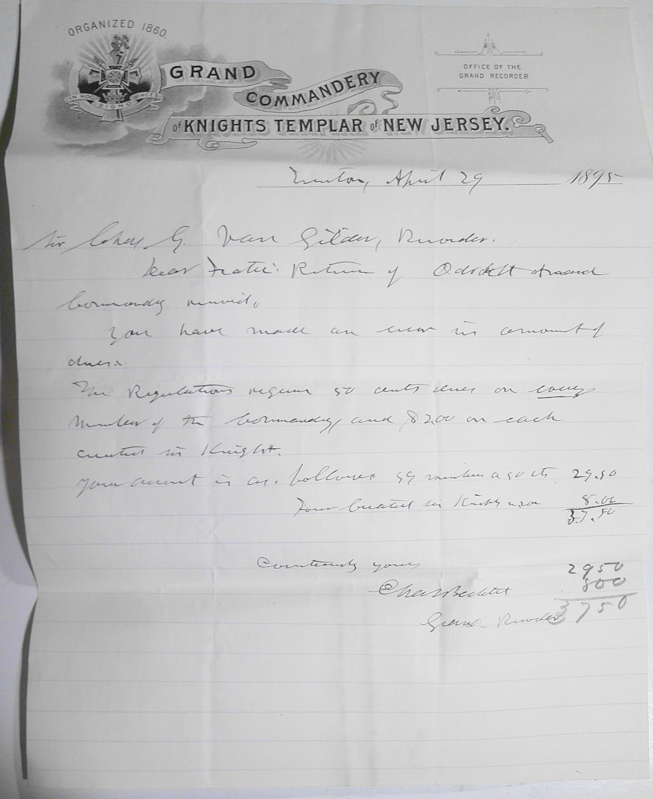 1895 Grand Commandery, NJ Handwritten letter to Odo de St Amand Knights Templar
