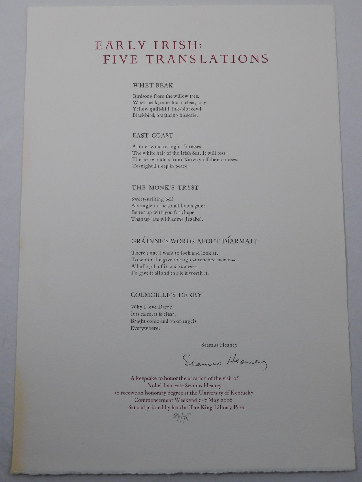 2006 Seamus Heaney Signed Poems 57/75 Early Irish: Five Translations - Laureate