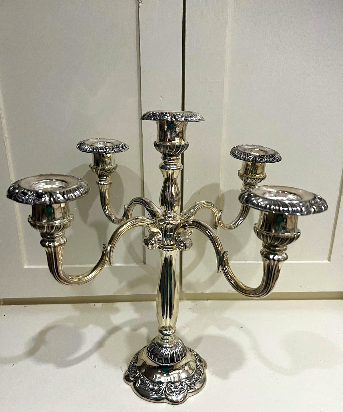Silver Tone 5-Arm Metal Candelabra Candle Holder Polished Finish for Taper