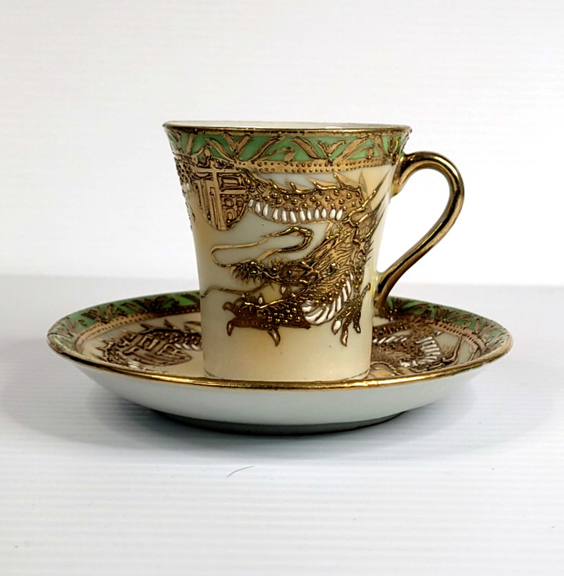 Antique Nippon Nagoya Shofu Dragon Cup and Saucer Raised Gold