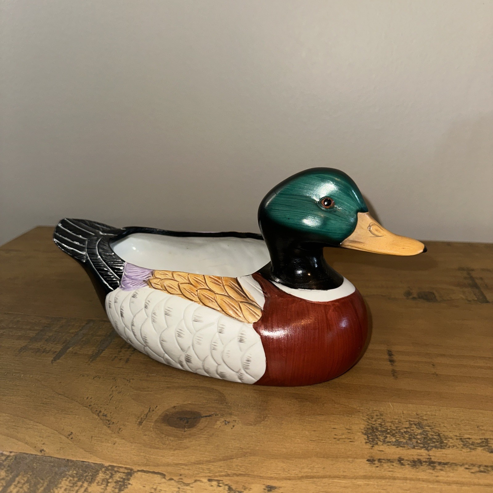 Vintage Hortense Arcadia Mallard Duck Planter Flower Pot #445-S Label