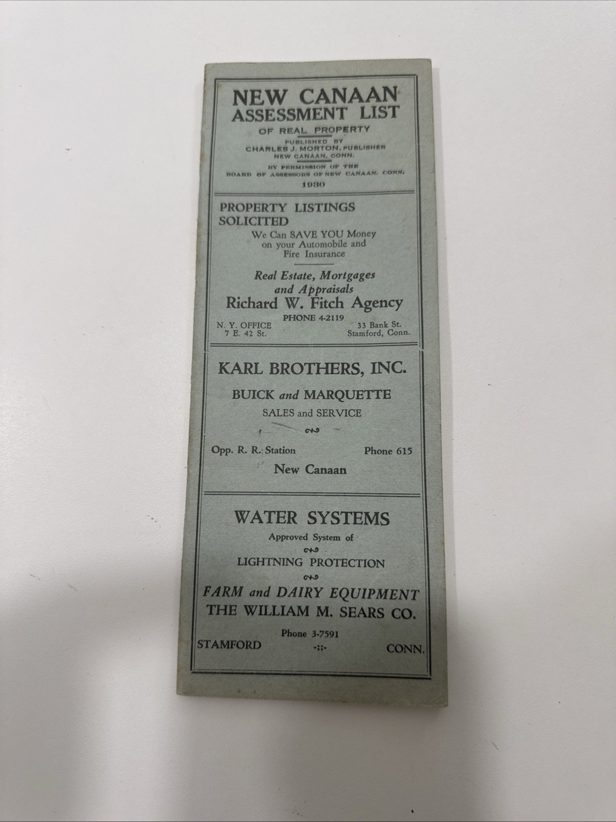 Stamford  New Canaan Connecticut Assessment Brochure - 1930 - Rare Old List